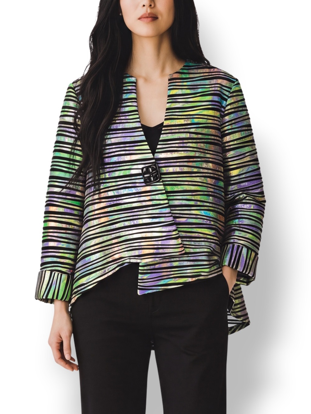 4/$20 Multiples Multicolor Striped High Low Swing Jacket Medium Snap Front